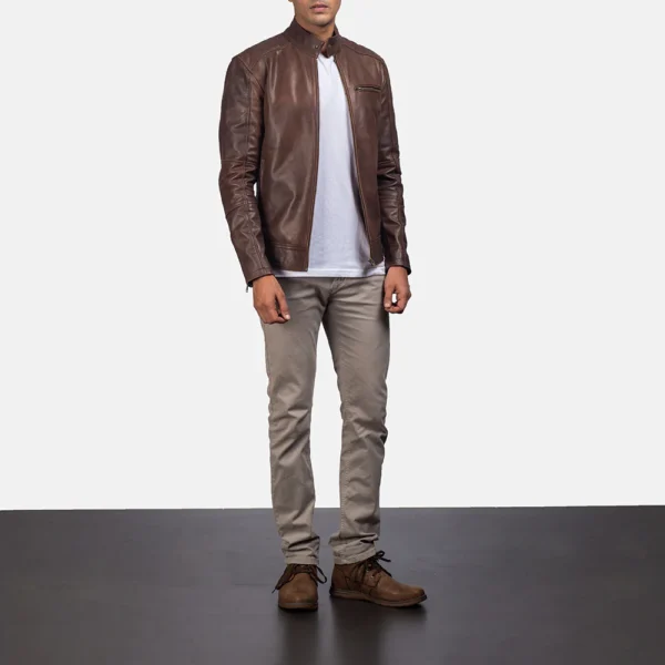 Dean Brown Pull-Up Leather Biker Jacket - Front Profile