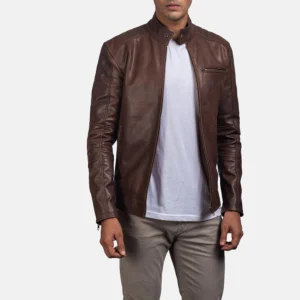 Dean Brown Pull-Up Leather Biker Jacket - Front Profile