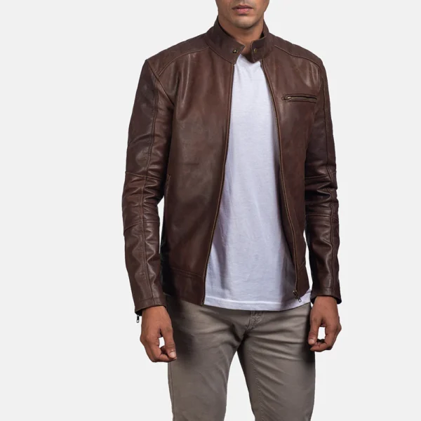 Dean Brown Pull-Up Leather Biker Jacket - Front Profile