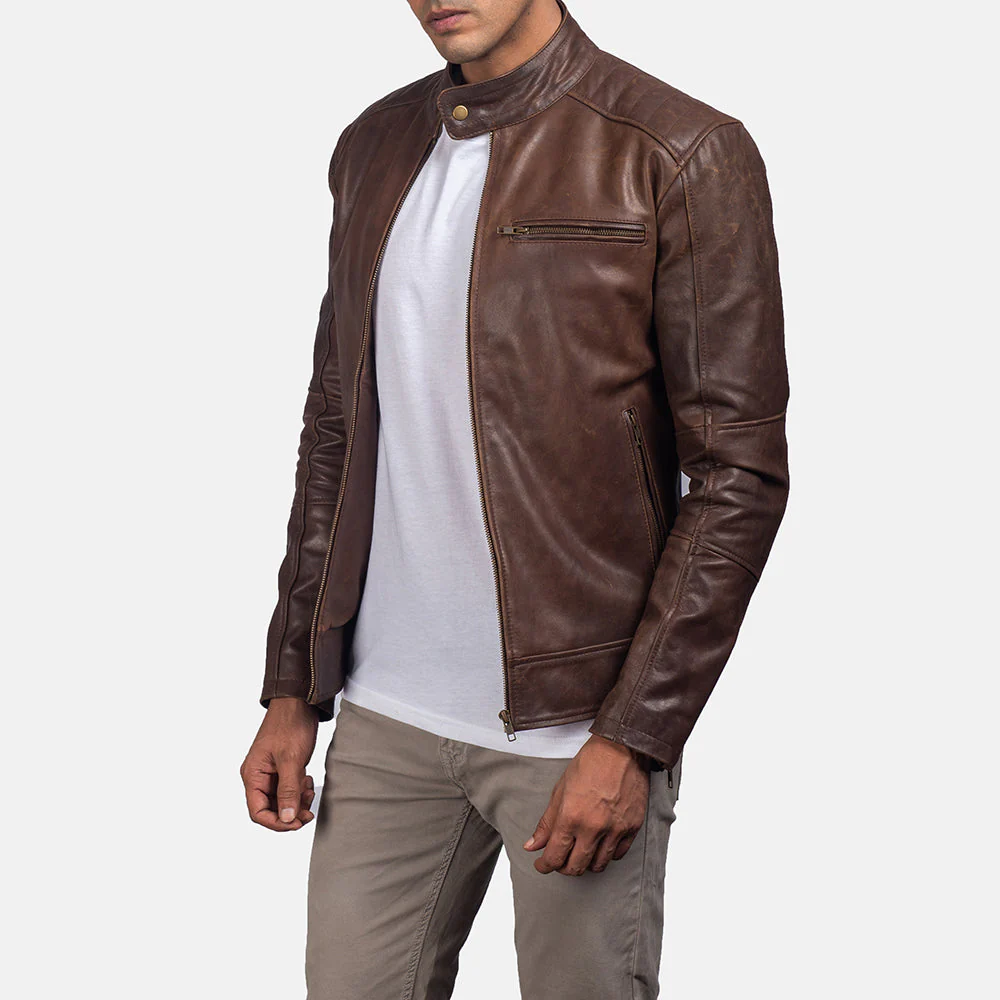 Dean Brown Pull-Up Leather Biker Jacket - Front Profile