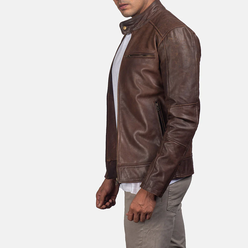 Dean Brown Pull-Up Leather Biker Jacket - Side Profile