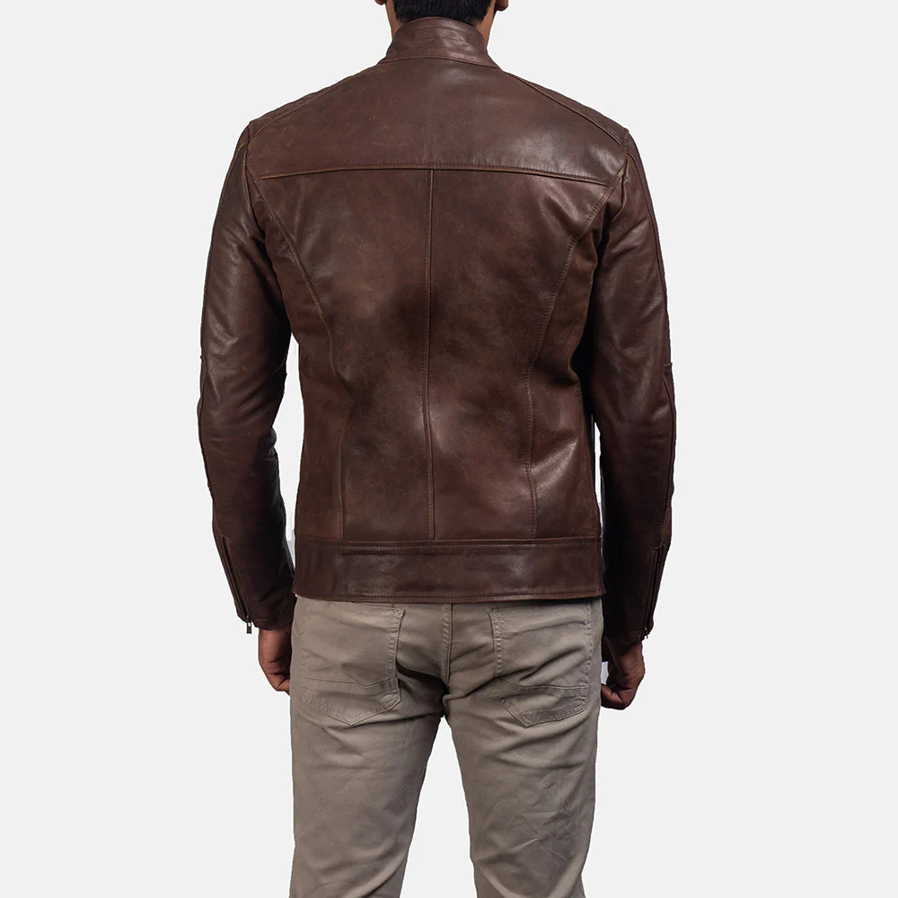 Dean Brown Pull-Up Leather Biker Jacket - Back Profile