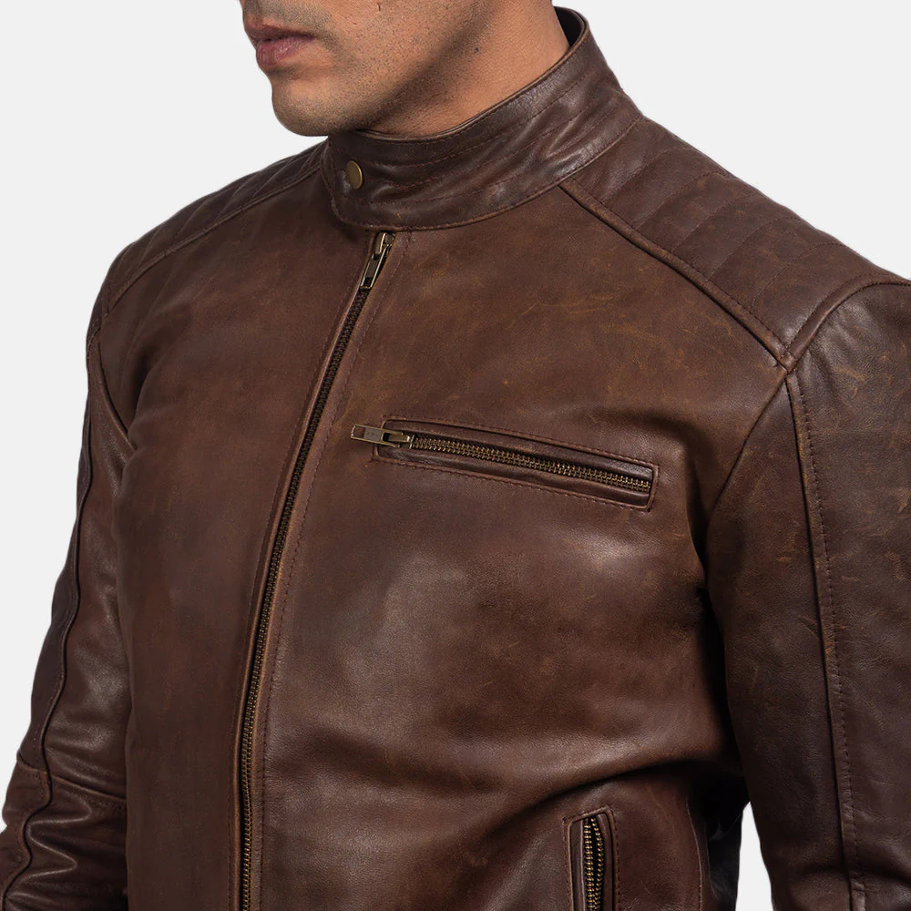 Dean Brown Pull-Up Leather Biker Jacket - Front Profile