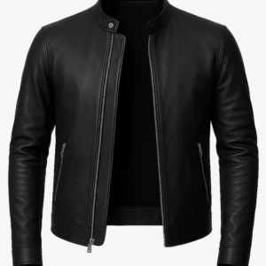 Owen Black Café Racer Leather Jacket – Front View with Snap-Tab Collar