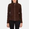 Mocha Suede Biker Jacket – Front View with Zipper Closure