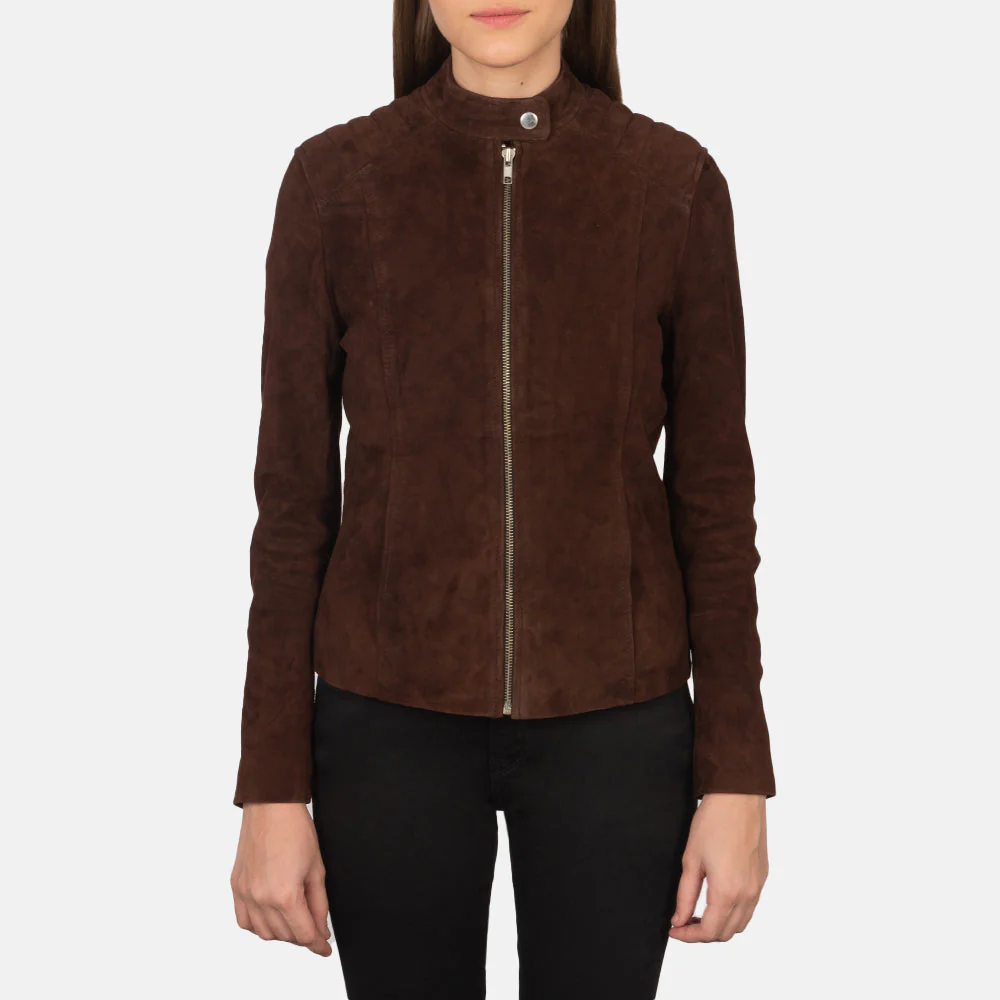 Mocha Suede Biker Jacket – Front View with Zipper Closure