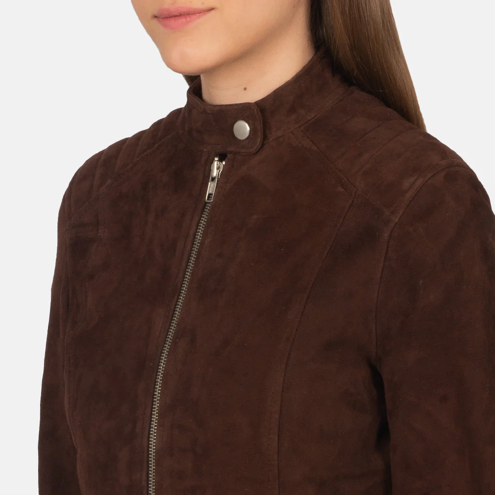 Mocha Suede Biker Jacket – Front View with Zipper Closure