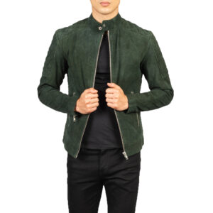 Men's olive green goatskin suede jacket front view