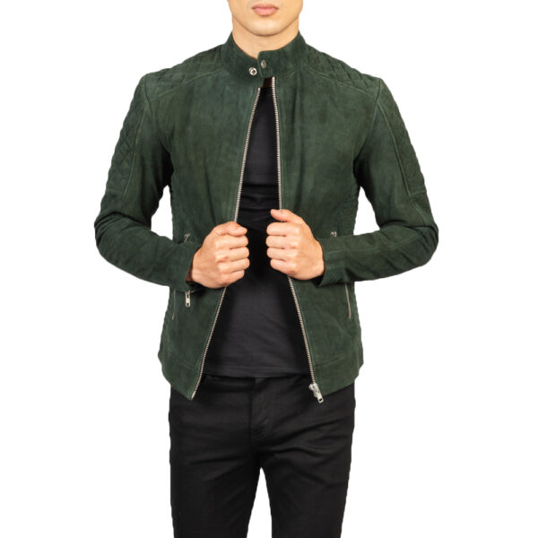Men's olive green goatskin suede jacket front view