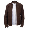 Men's dark brown suede bomber jacket front view