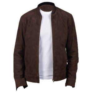 Men's dark brown suede bomber jacket front view