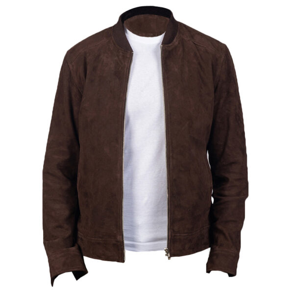 Men's dark brown suede bomber jacket front view