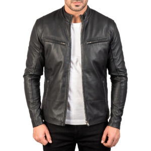 Black Sheepskin Leather Moto Jacket – Aniline Finish & Zipper Cuffs Front View