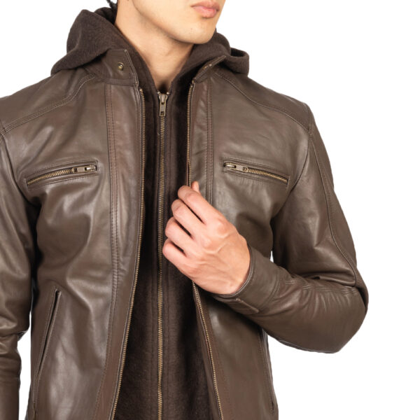 Men's Brown Cowhide Leather Jacket – Front View with Removable Hood