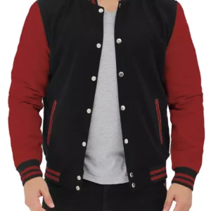 Black and Maroon Varsity Jacket – Front View with Snap Buttons