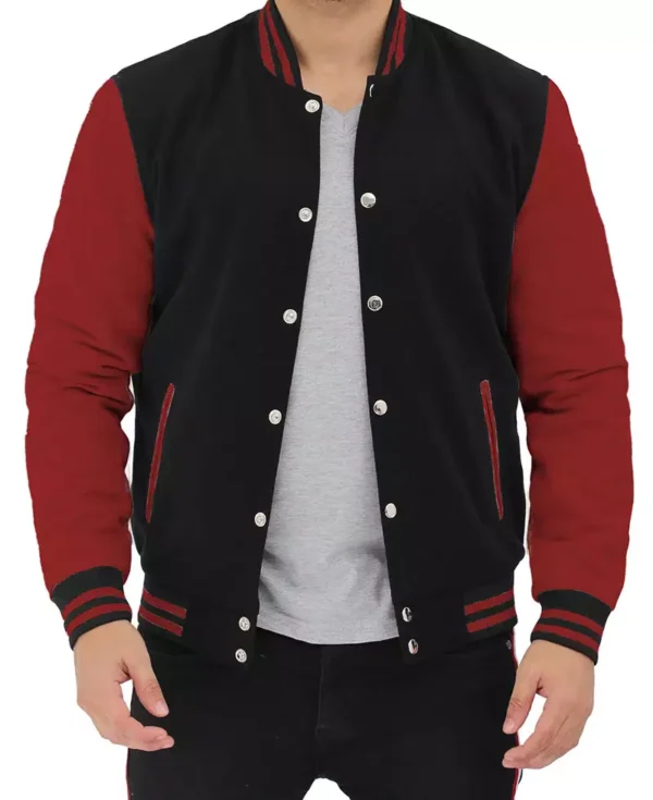 Black and Maroon Varsity Jacket – Front View with Snap Buttons