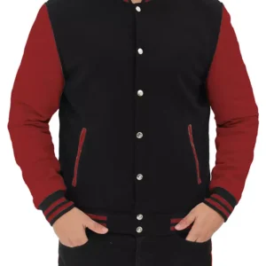 Black and Maroon Varsity Jacket – Front View with Snap Buttons