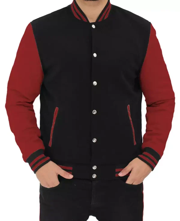 Black and Maroon Varsity Jacket – Front View with Snap Buttons