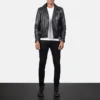 Black Cowhide Leather Biker Jacket – Front View with Belted Waist