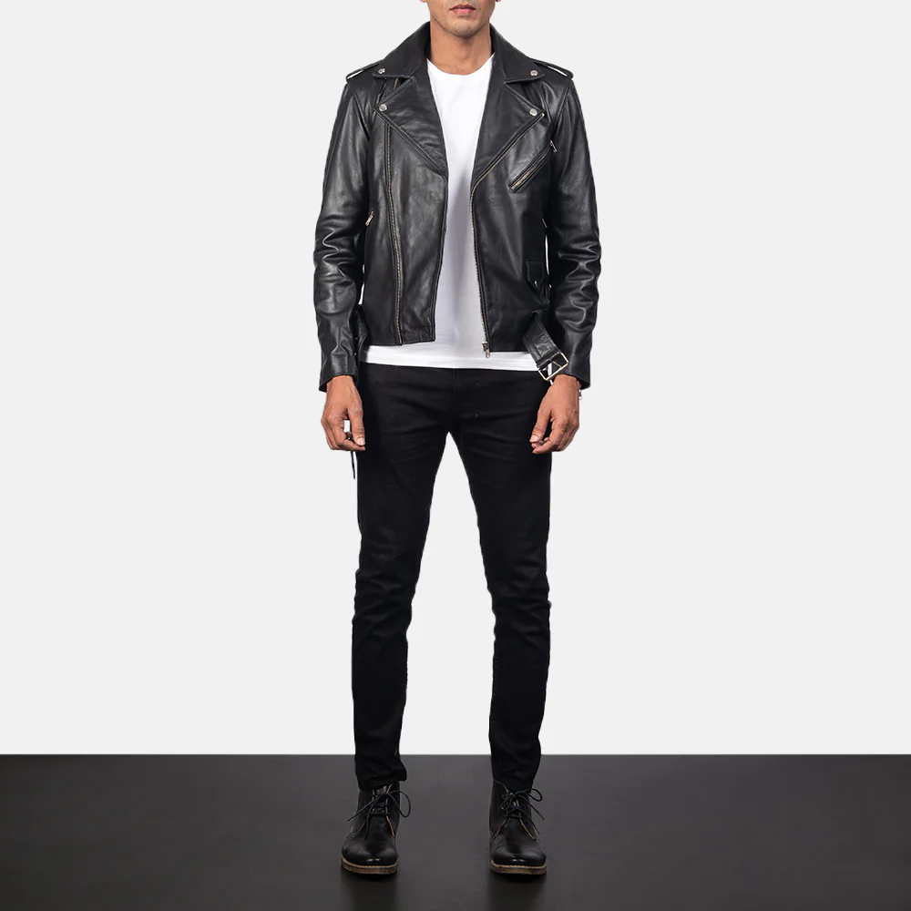 Black Cowhide Leather Biker Jacket – Front View with Belted Waist