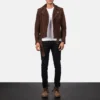Notch Collar and Zipper Closure on Suede Leather Jacket