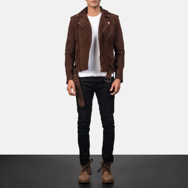 Notch Collar and Zipper Closure on Suede Leather Jacket