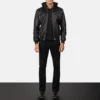 Bouncer Biz Black Cowhide Bomber Jacket – Detachable Hood & Band Collar
