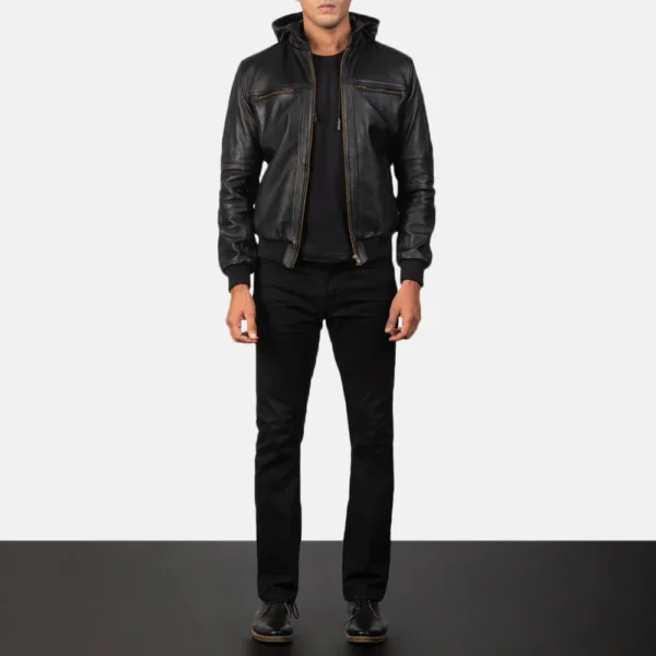 Bouncer Biz Black Cowhide Bomber Jacket – Detachable Hood & Band Collar