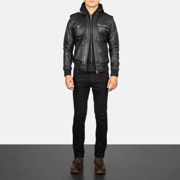 Bravado Hooded Leather Bomber - Front Profile Showing Pocket System