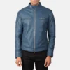 Men’s Gatsby Blue Leather Biker Jacket – Front View with Band Collar