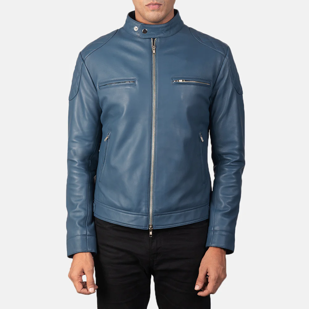 Men’s Gatsby Blue Leather Biker Jacket – Front View with Band Collar