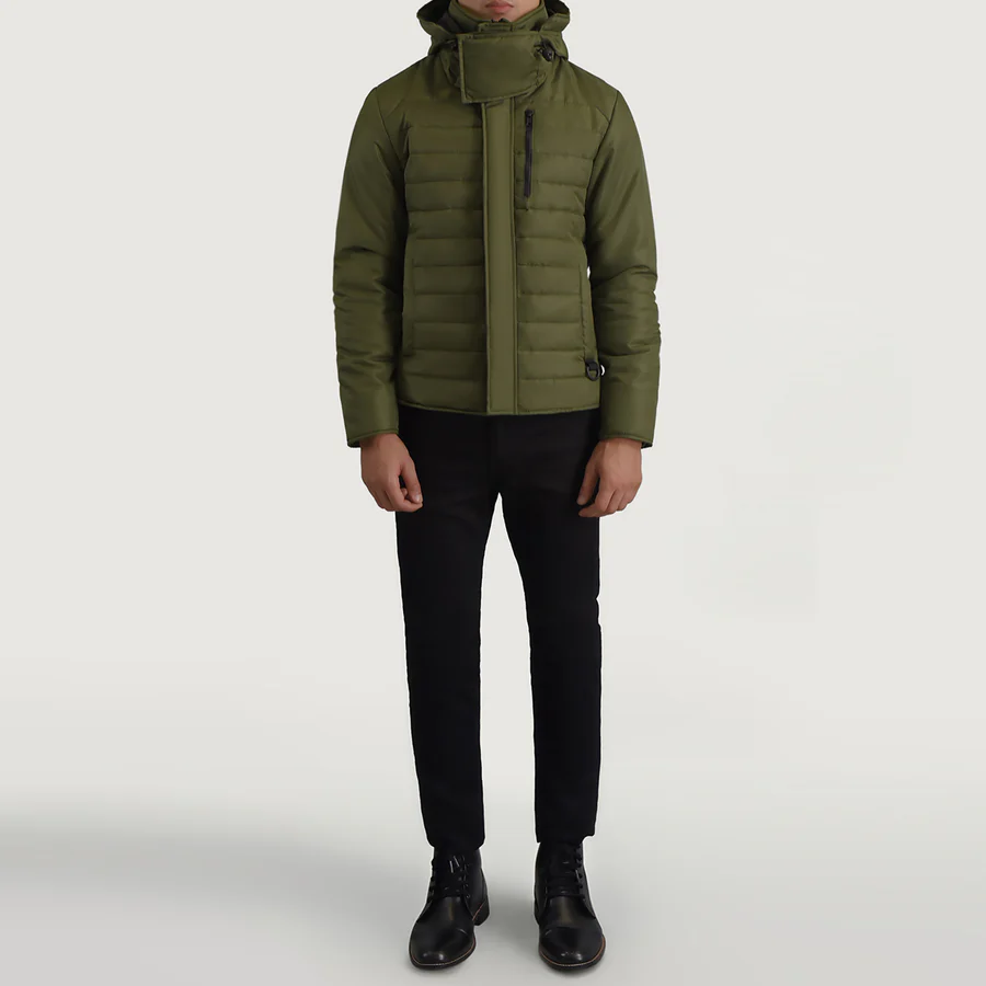 Malcolm Green Puffer Jacket – Front View Showing Removable Hood