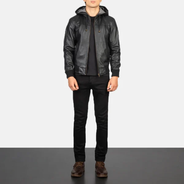 Nintenzo Black Sheepskin Bomber Jacket with Detachable Hood