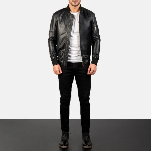 Bomia MA-1 Black Sheepskin Leather Bomber Jacket – Rib-Knit Collar & Cuffs