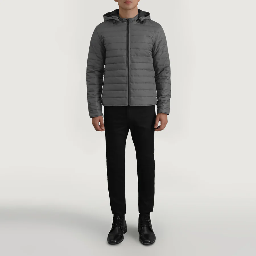 Tyler Grey Puffer Jacket – Front View Showing Detachable Hood