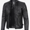 Black Cafe Racer Leather Jacket – Front Zip View with Snap Collar