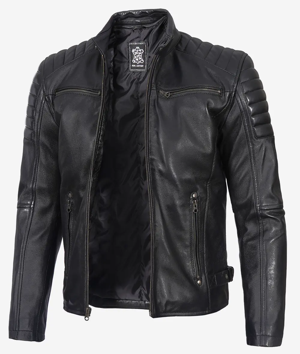 Black Cafe Racer Leather Jacket – Front Zip View with Snap Collar