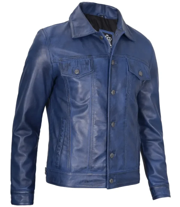 Blue Leather Trucker Jacket – Button Front with Shirt Collar