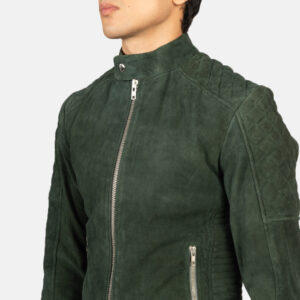 Men's olive green goatskin suede jacket front view