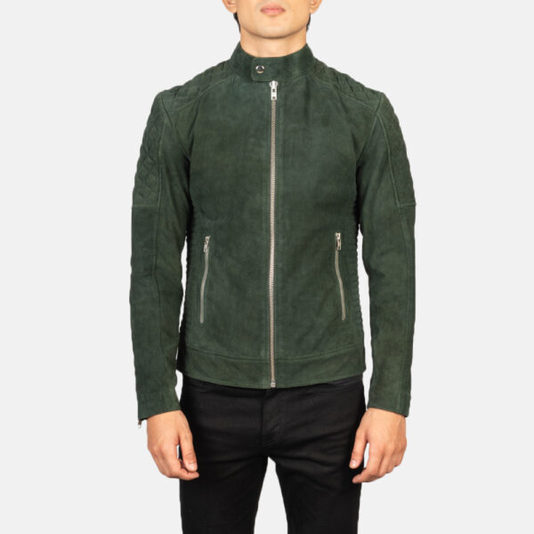 Men's olive green goatskin suede jacket front view