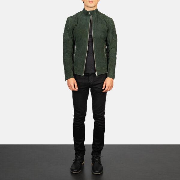 Men's olive green goatskin suede jacket front view