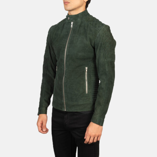 Men's olive green goatskin suede jacket side view