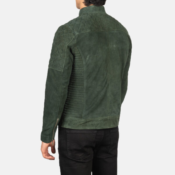 Men's olive green goatskin suede jacket back view