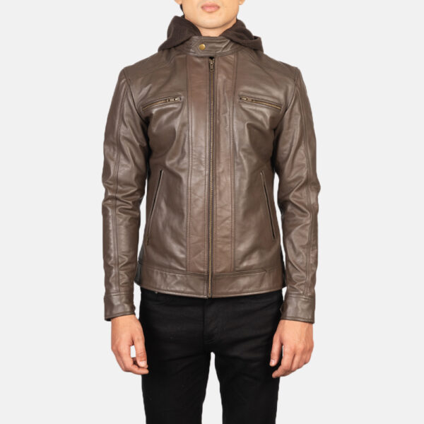 Men's Brown Cowhide Leather Jacket – Front View with Removable Hood