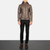 Men's Brown Cowhide Leather Jacket – Front View with Removable Hood
