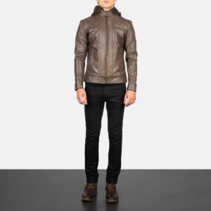 Men's Brown Cowhide Leather Jacket – Front View with Removable Hood