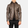 Men's Brown Cowhide Leather Jacket – Front View with Removable Hood