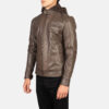 Men's Brown Cowhide Leather Jacket – Front View with Removable Hood