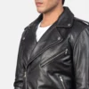 Black Cowhide Leather Biker Jacket – Front View with Belted Waist