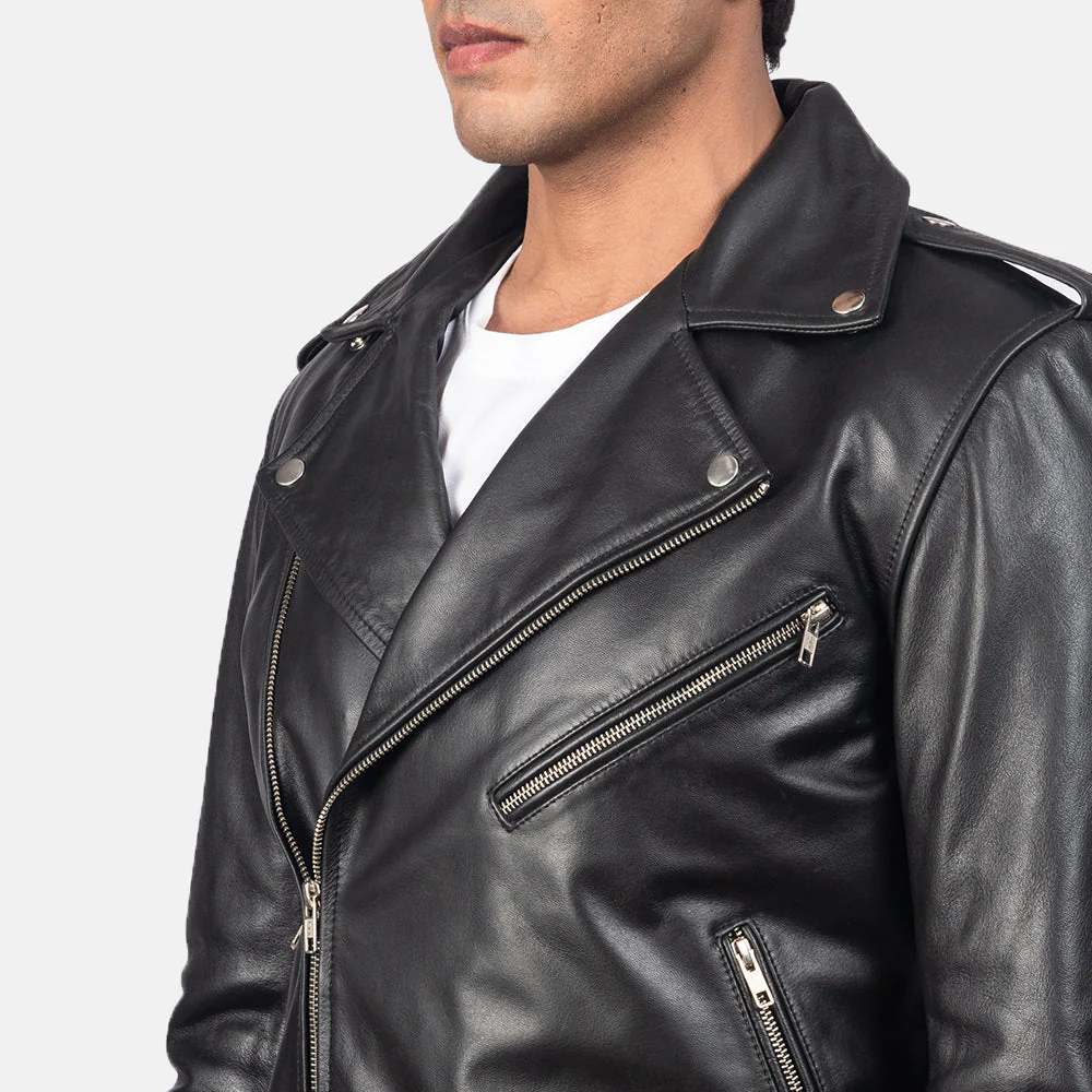 Black Cowhide Leather Biker Jacket – Front View with Belted Waist